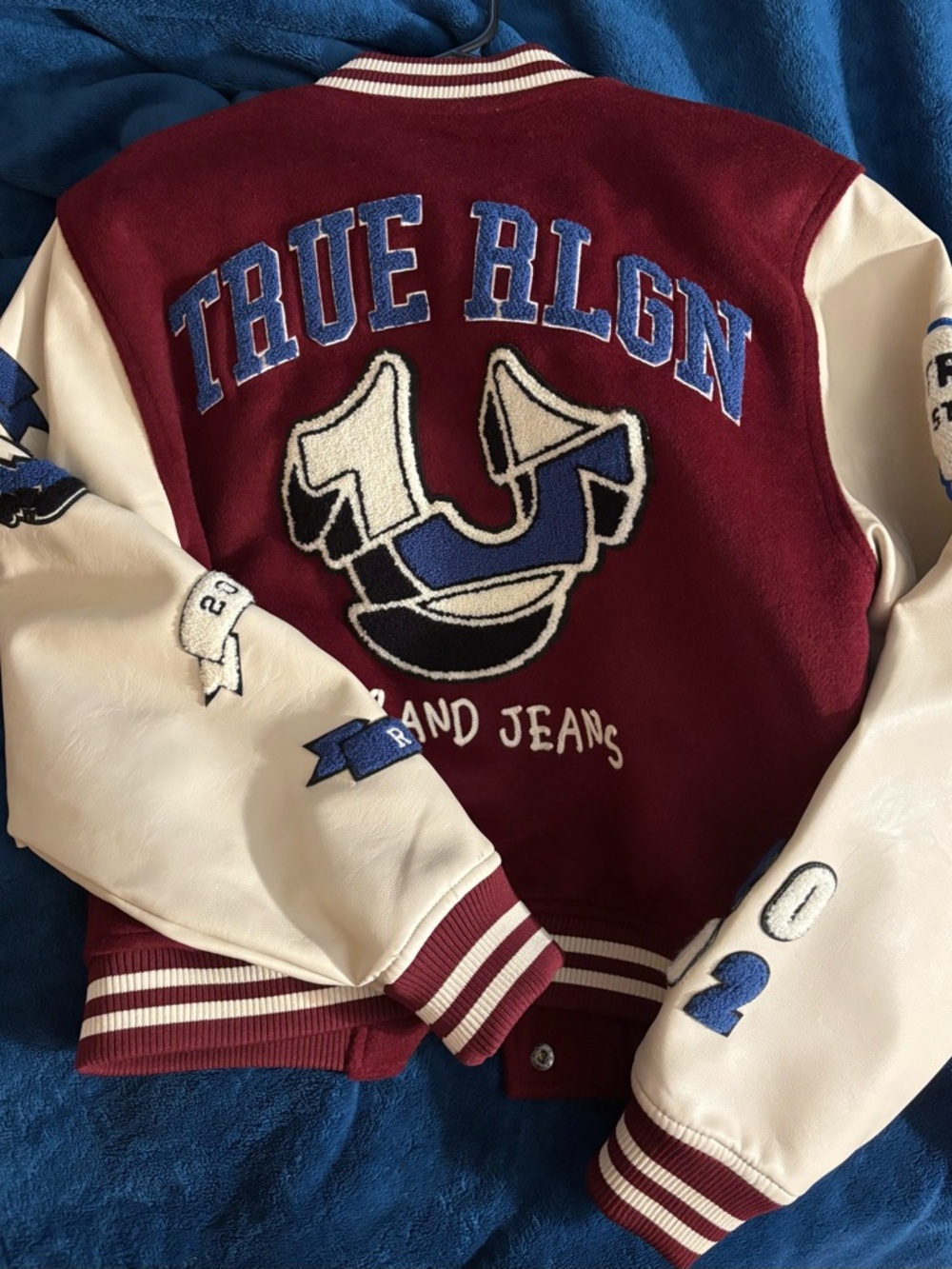 True Religion Maroon and Cream Letterman Jacket with Patches - Picture 3 of 3